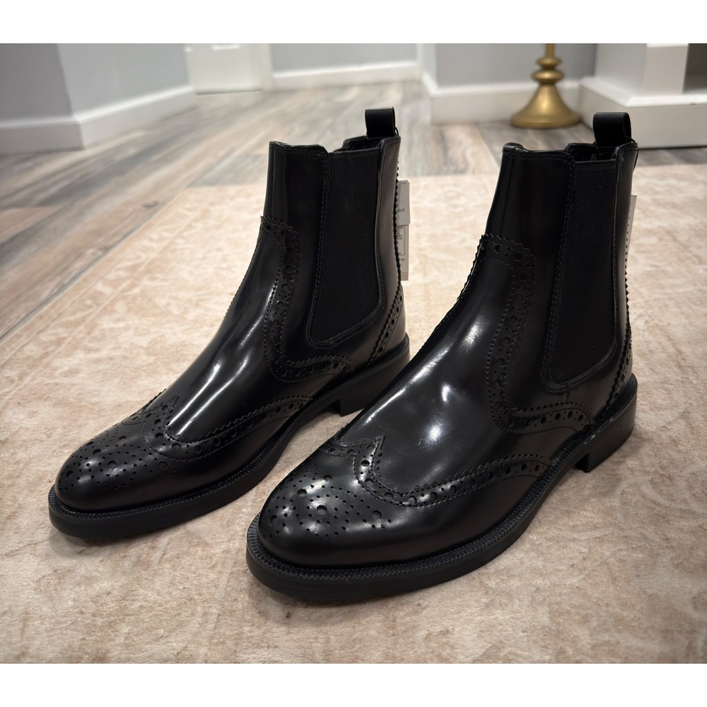 Marks & Spencer NWT Black Leather Brogue Detail Chelsea Ankle Boots 9.5